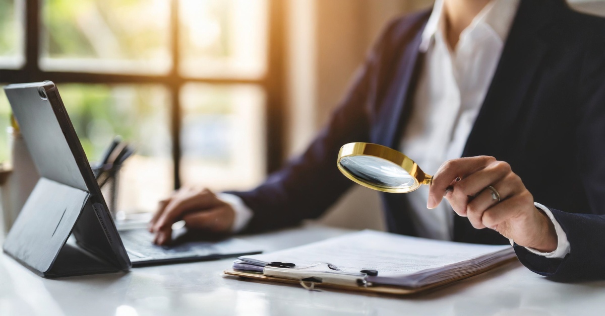 A professional woman sitting at her desk in front of her tablet holding a magnifying glass up to a set of documents.