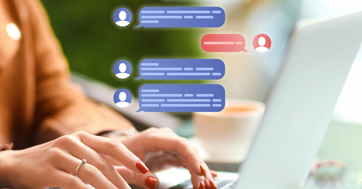 A close-up of a woman on her laptop chatting with another person with blue and red chat icons popping up.