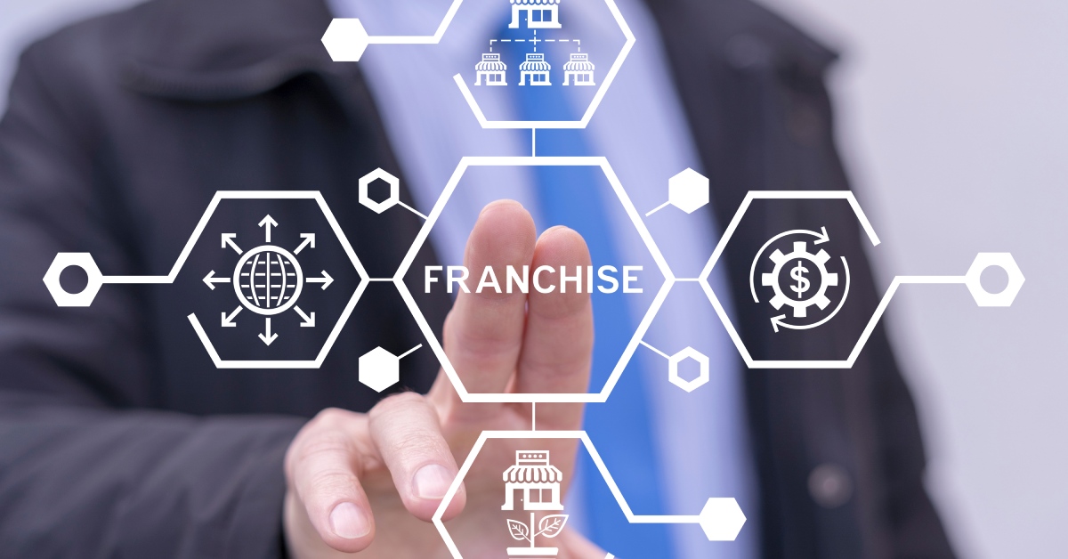 A businessman holding his fingers up to the screen that says "franchise" with other graphics sprouting from the center.